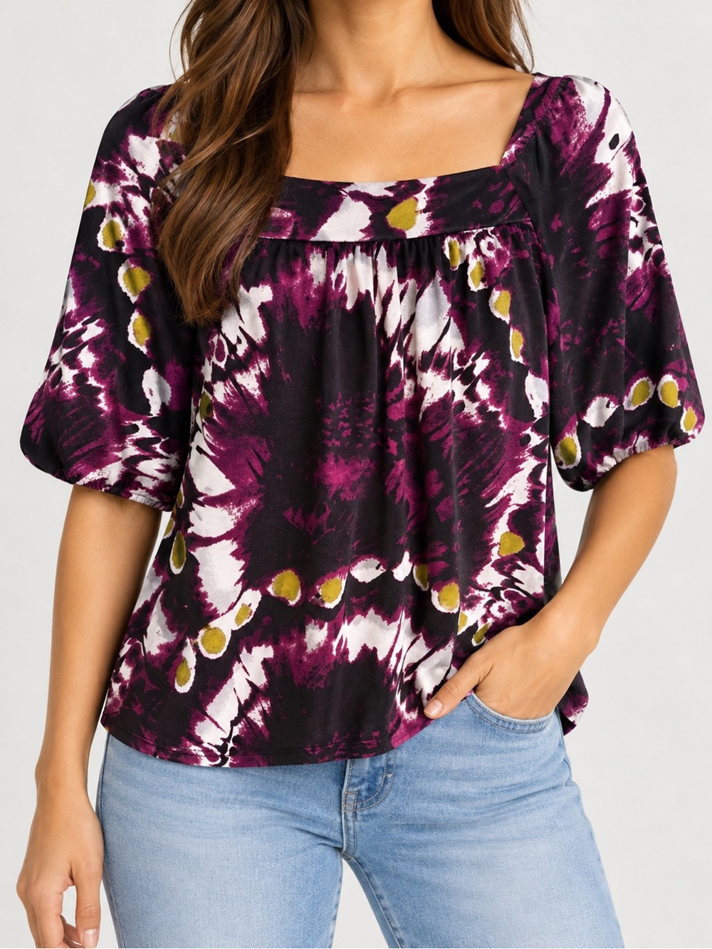 Alyx Square-Neck Tie-Dye Blouse in Purple, Black and White L - Halloween colors!